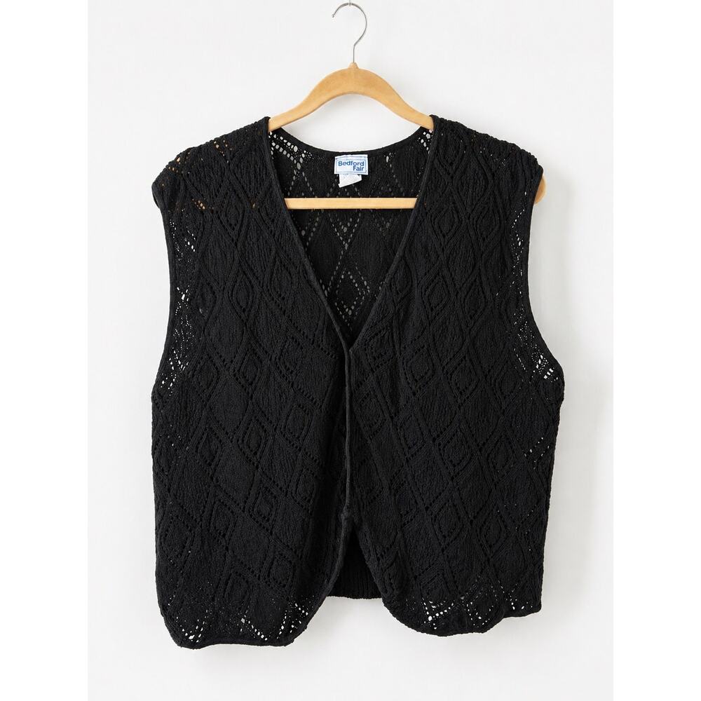 Black Knit Sweater Vest Button Front Lace Knit Cottagecore XL